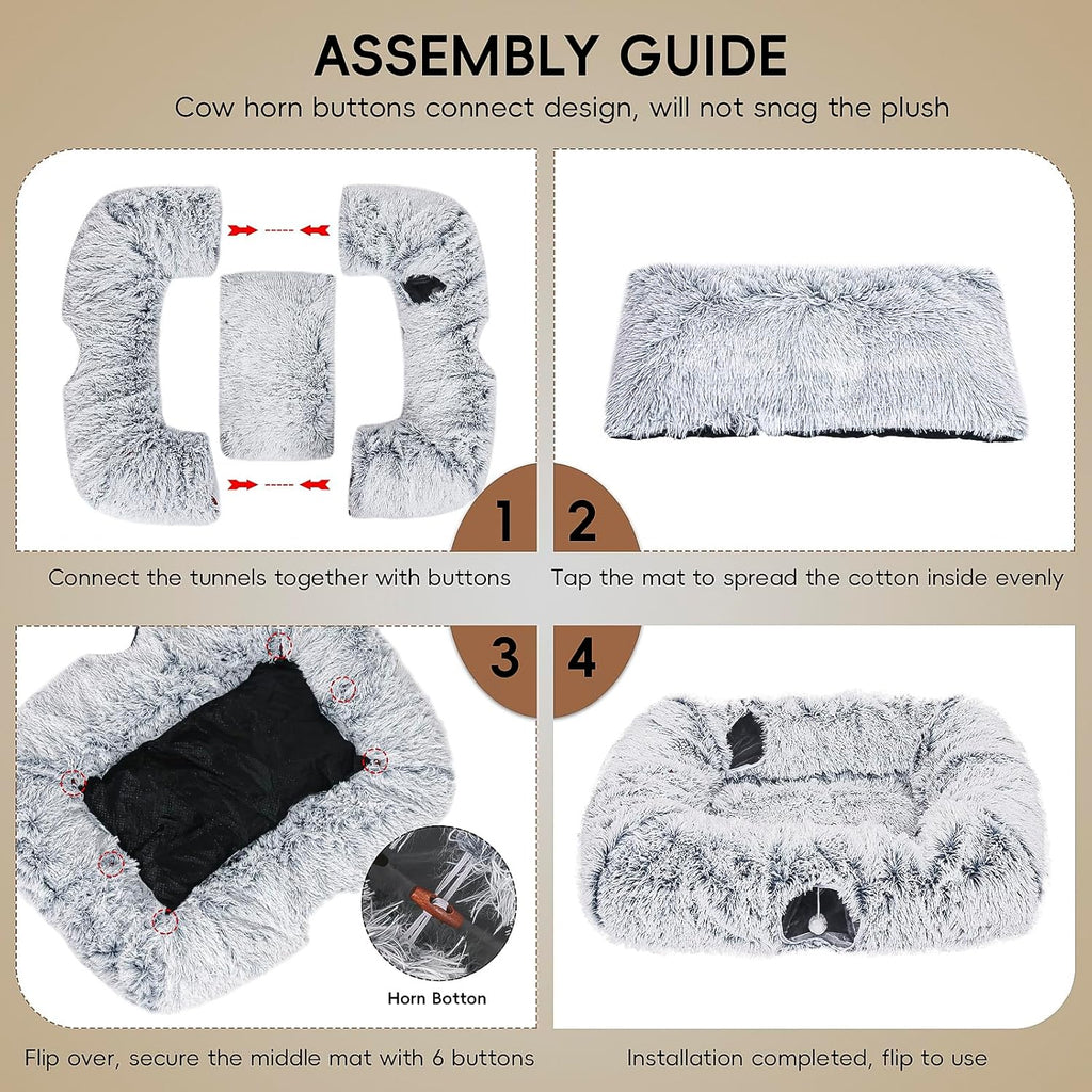 Extra Large Cat Tunnel Bed, 4 Ways Tunnels for Indoor Cats, Multi-cat Family Peekaboo Cave & Cat Bed, Plush Cat Donut with Washable Middle Mat, Exit Balls, Pet Play Toy for Kitten Puppy Rabbit