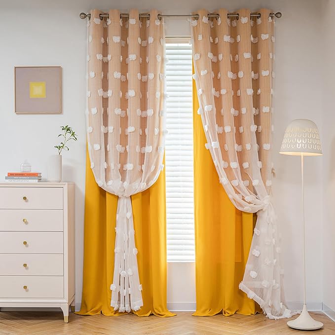 MYSKY HOME Extra Long Double Layer Curtains for Bedroom Princess Curtains for Daughter Room 95 Inches Long Pom Pom Sheer Curtains with Grommet Yellow Blackout Curtains for Living Room 52 x 95 Inch