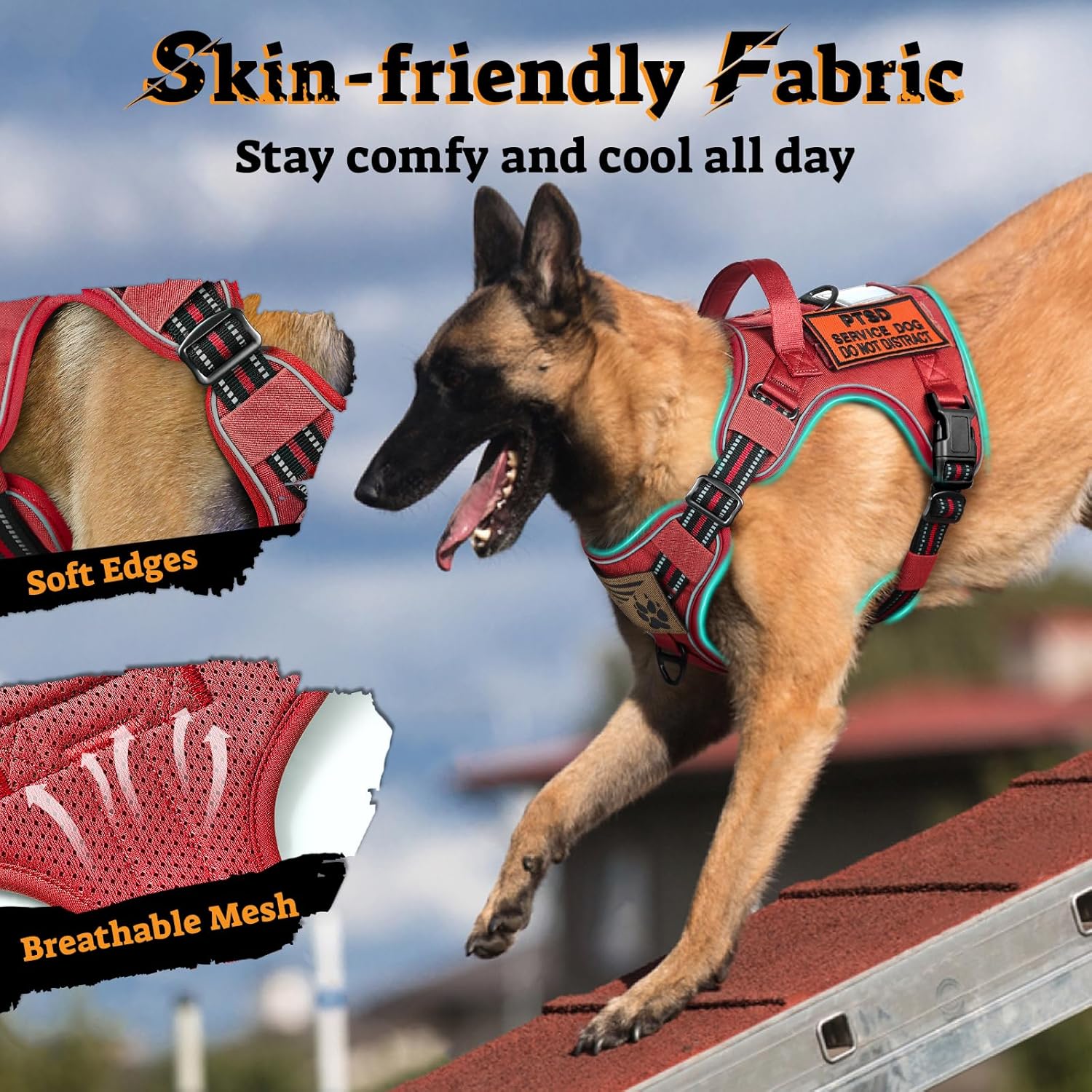rabbitgoo Dog Harness Small Sized No Pull, Tactical Service Pet Vest with Molle and Control Handle, Adjustable and Reflective Military Harness for Easy Walking and Training, Red, S
