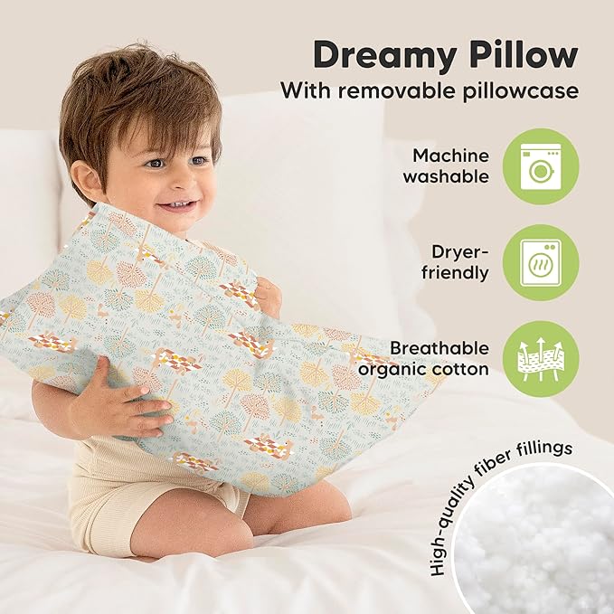 Toddler Pillow with Pillowcase - 13x18 My Little Dreamy Kids Travel Bed Pillows for Sleeping, Organic Cotton Small Pillowcase, Soft & Breathable, Machine Washable, Toddlers 2-5 years old (Wild Picnic)