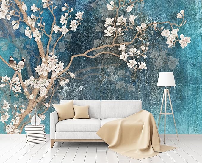 Vintage Flower Bird Wallpaper Magnolia Floral Wallpaper Mural Living Room Bedroom（Not Peel and Stick）