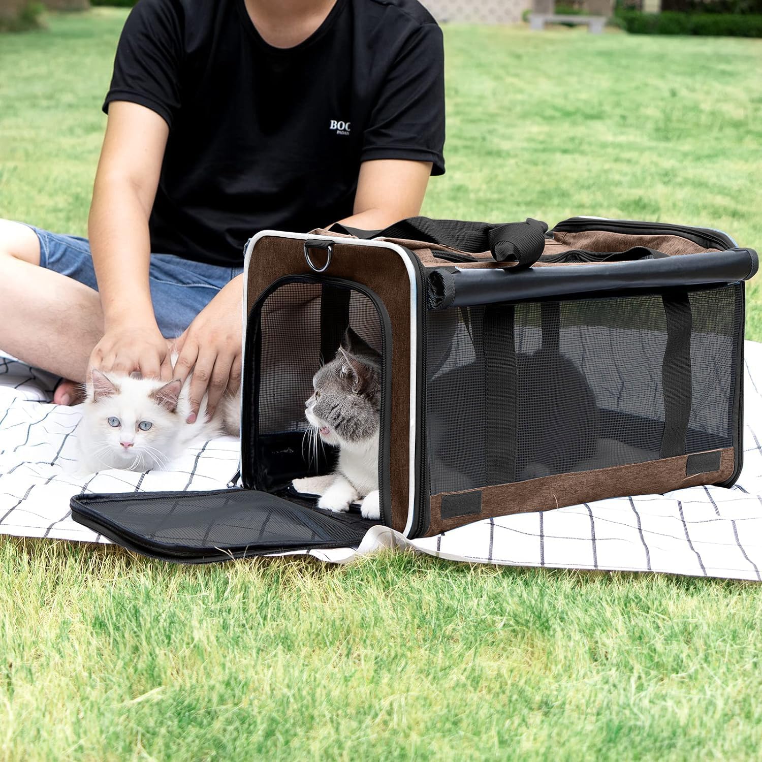 Pet Carrier for Large Cat Soft-Sided Animal Traveling Bag for Medium Cat up to 20lbs / Washable Small Dog Puppy 10 lbs Crate Case with Privacy Curtains for Home Outdoor Travel Mocha Brown