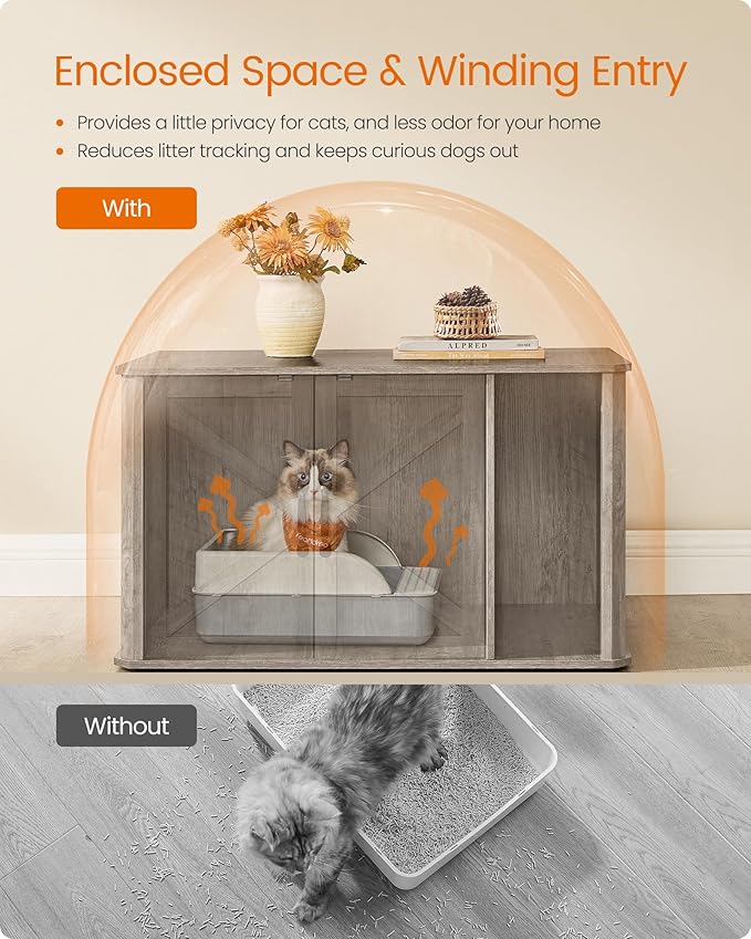 Feandrea Litter Box Enclosure, Modern Cat Litter Box Furniture Hidden, Front - Image 6