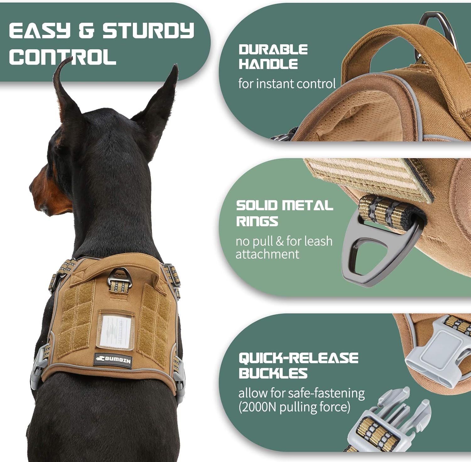BUMBIN Tactical Dog Harness for Large Dogs No Pull, Famous TIK Tok No Pull Dog Harness, Fit Smart Reflective Pet Walking Harness for Training, Adjustable Dog Vest Harness with Handle Brown XL