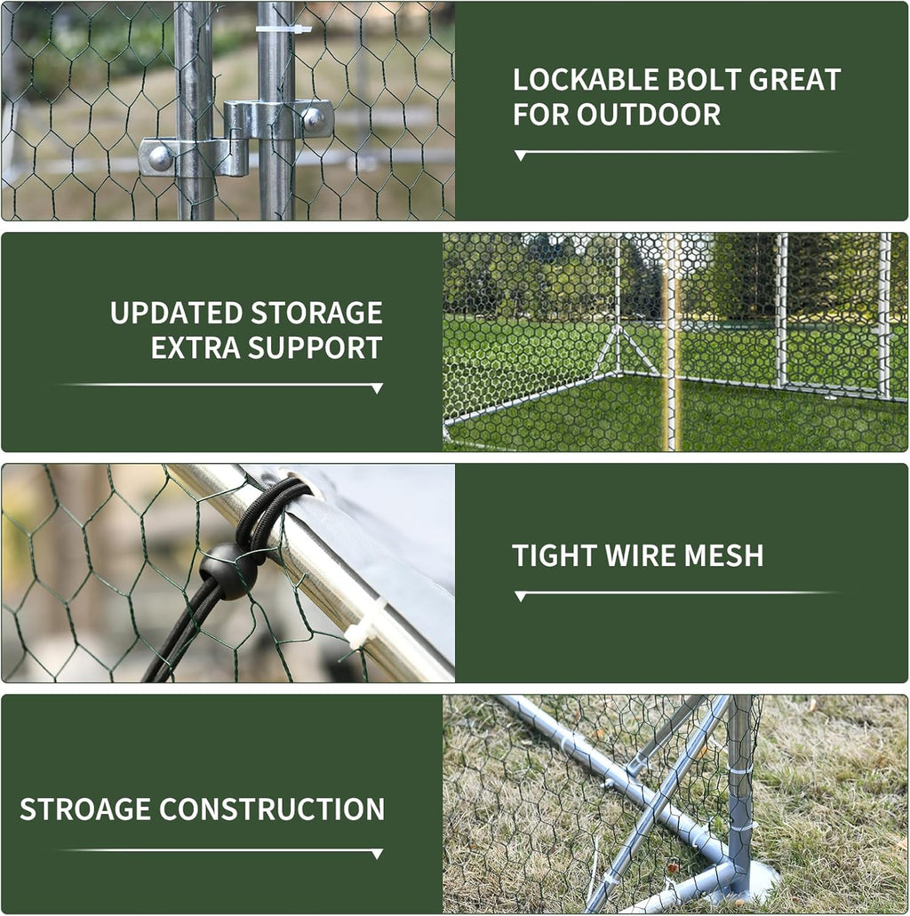 4ever2buy Large Metal Chicken Coop with Run Walk-in Poultry Cage Chicken Runs House Pen Cage Spire Roofed Chicken Coops with Anti-Ultraviolet Cover for Outdoor Backyard Farm Use 9.5’Lx24.9’Wx6.4’H
