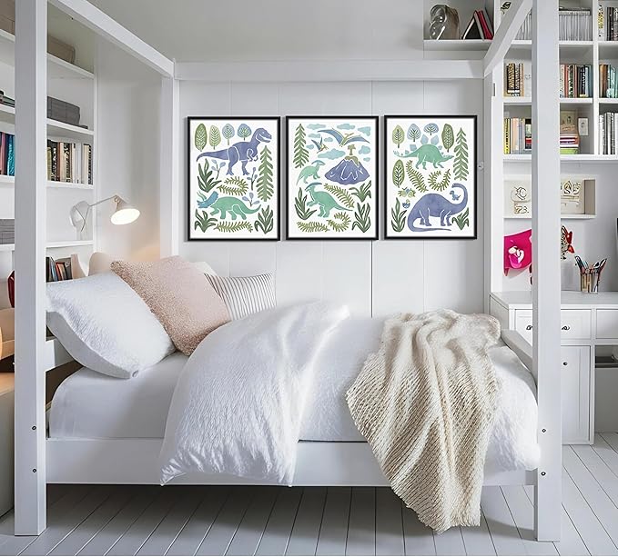 Baby Boys Nursery Wall Art Blue Green Dinosaur Pictures Wall Decor Stegosaurus T-Rex Triceratops Pterodactyl Posters Artwork Watercolor Dino Painting Canvas Prints for Kids Room Toddler Boy Room Decor