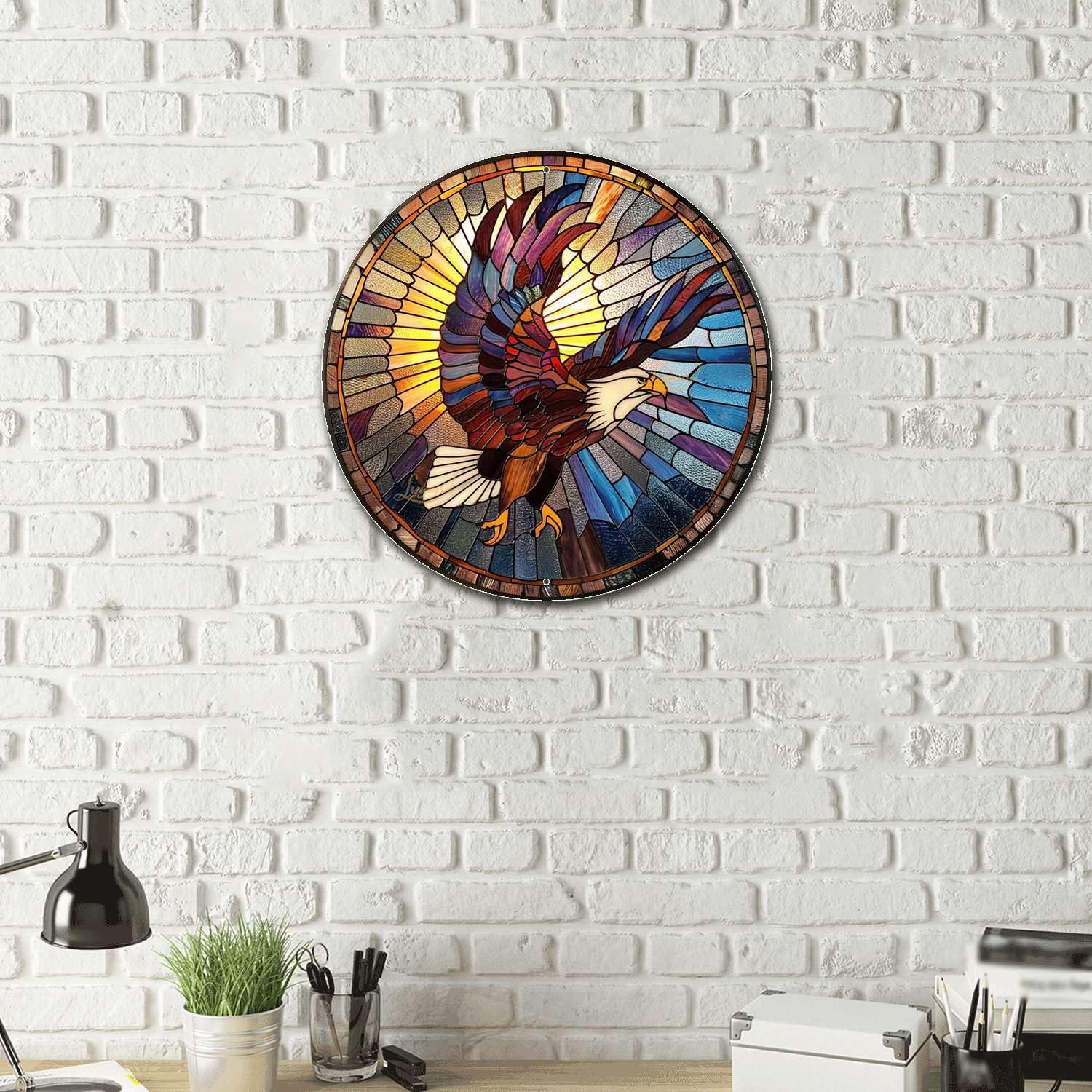 Lygond Metal Sign Tin Sign Circular Stained Glass Eagle Kitty Decor For Pet 8×8 Inches