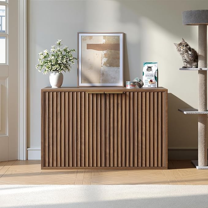 Evermagin 31.5" Walnut Cat Litter Box Enclosure Furniture, Large Hidden Litter - Image 2