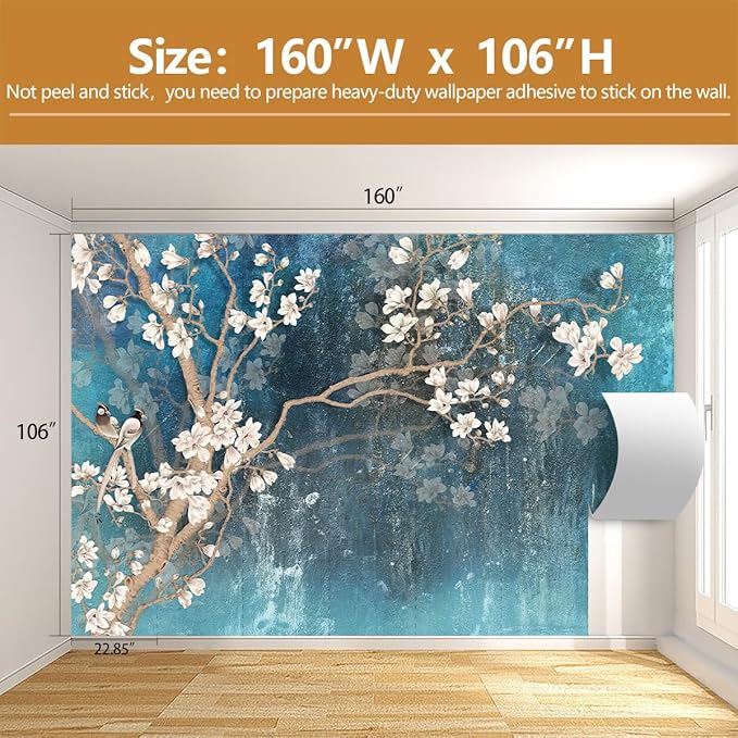 Vintage Flower Bird Wallpaper Magnolia Floral Wallpaper Mural Living Room Bedroom（Not Peel and Stick）
