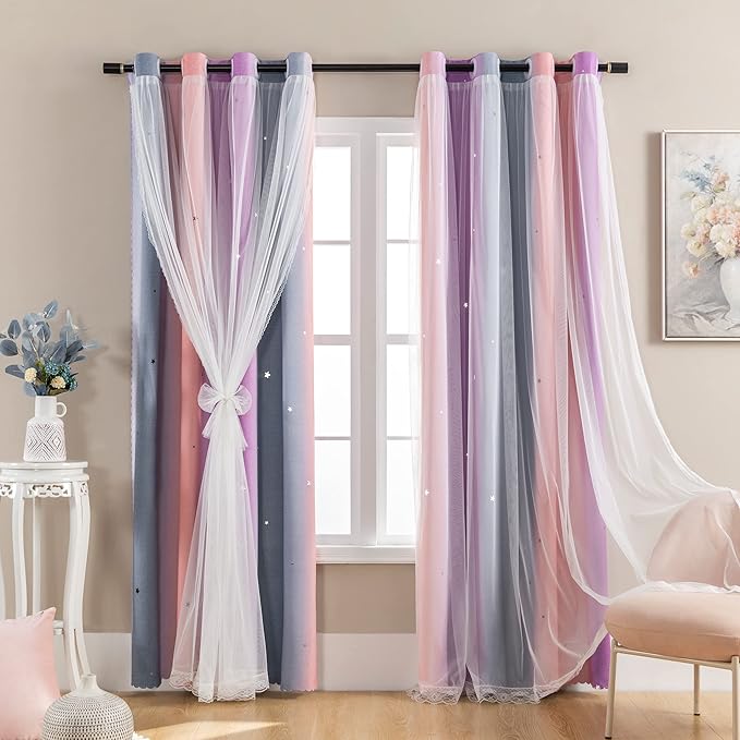 XiDi Curtains for Girls Bedroom Kids Room Unicorn Princess Theme Home Decor 84 inches Length Grey/Pink/Purple, W52 X L84 2 Panels