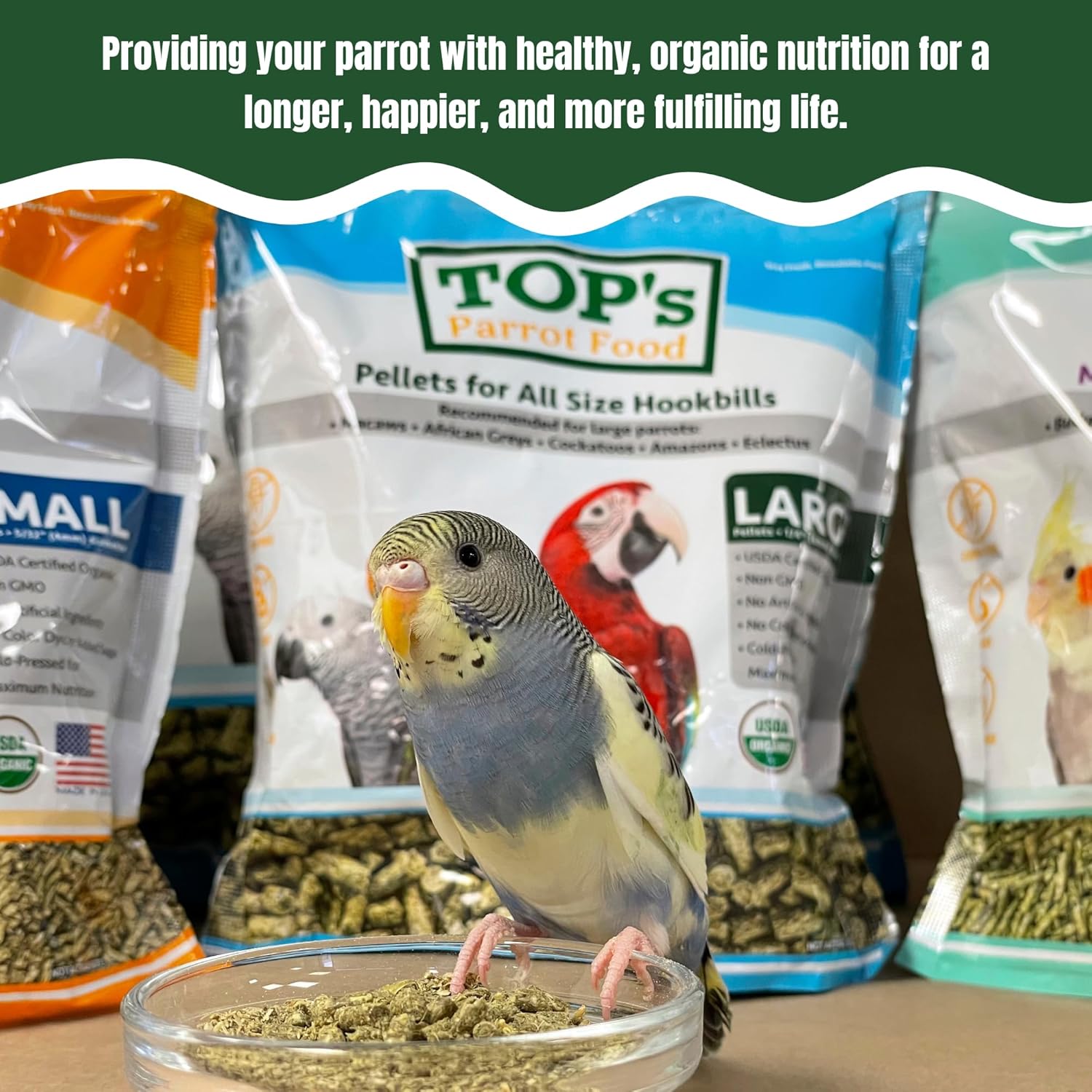 TOP's Parrot Food Mini Pellets Bird Food for Budgies, Cockatiels, Parrotlets, Lovebirds, Parakeets - Non-GMO, Peanut Soy & Corn Free, USDA Organic Certified - 1 lb