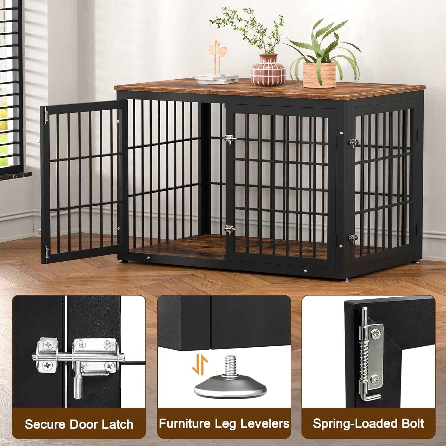 48 Inch Rustic Heavy Duty Dog Crate Furniture for Extra Large Dogs, Decorative Pet House End Table, Wooden Cage Kennel Furniture Indoor, Black and Brown