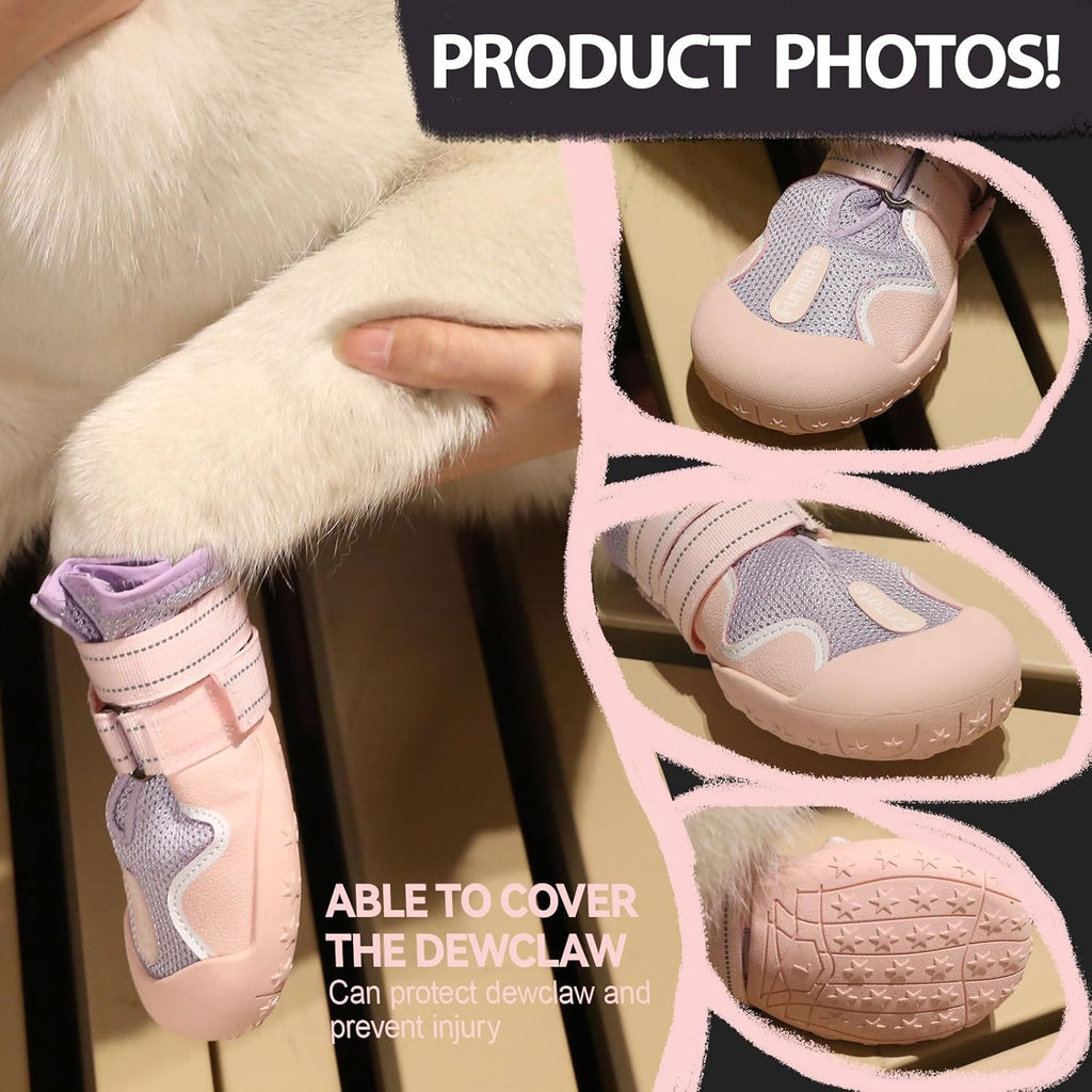 Dog Shoes for Large Small Medium Dogs, Breathable Mesh Dog Boots & Paw Protectors for Summer Hot Pavement Winter Snow, Waterproof Anti-Slip Dog Booties for Hiking Hardwood Floors(Pink-Purple3)