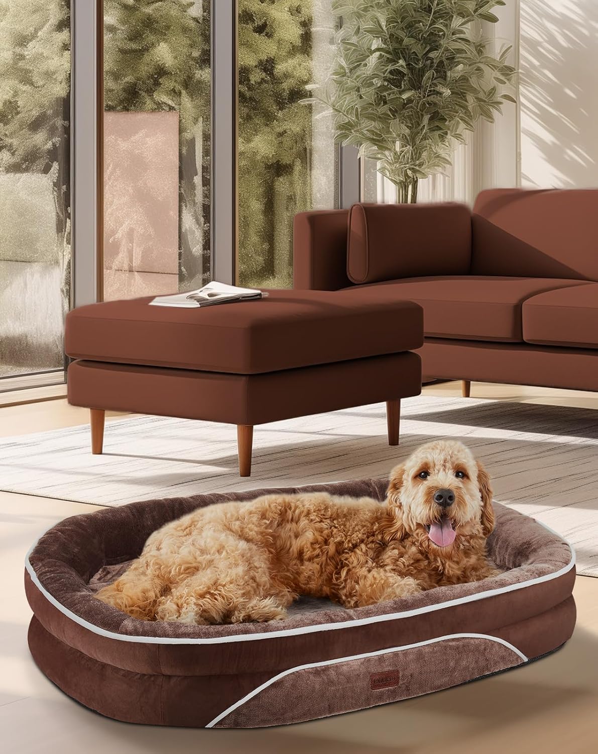 OhGeni Orthopedic Big Dog Couch Pet Sofa XL Sized Cat Beds with Comfort Foam Support, Soft Comfortable Fabric, Machine Washable Waterproof Removable Cover, 42-Inch (Brown)