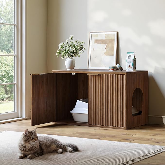 Evermagin 31.5" Walnut Cat Litter Box Enclosure Furniture, Large Hidden Litter - Image 6
