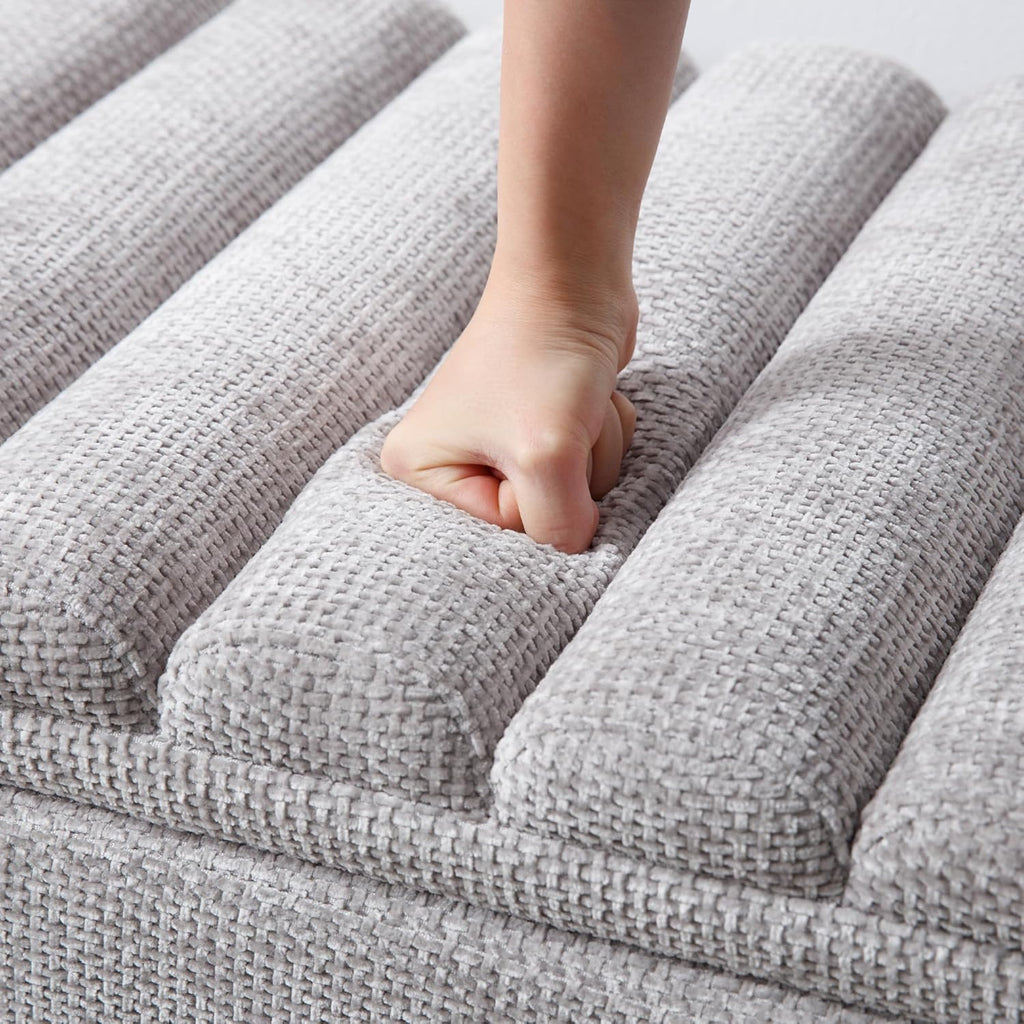 Wavy Ottoman Storage Bench Multi-Functional Narrow Entryway Bench Elegant End of Bed Bench with Storage and Safty Hinge for Living Room Entryway Hallway Bedroom Boutique, Grey