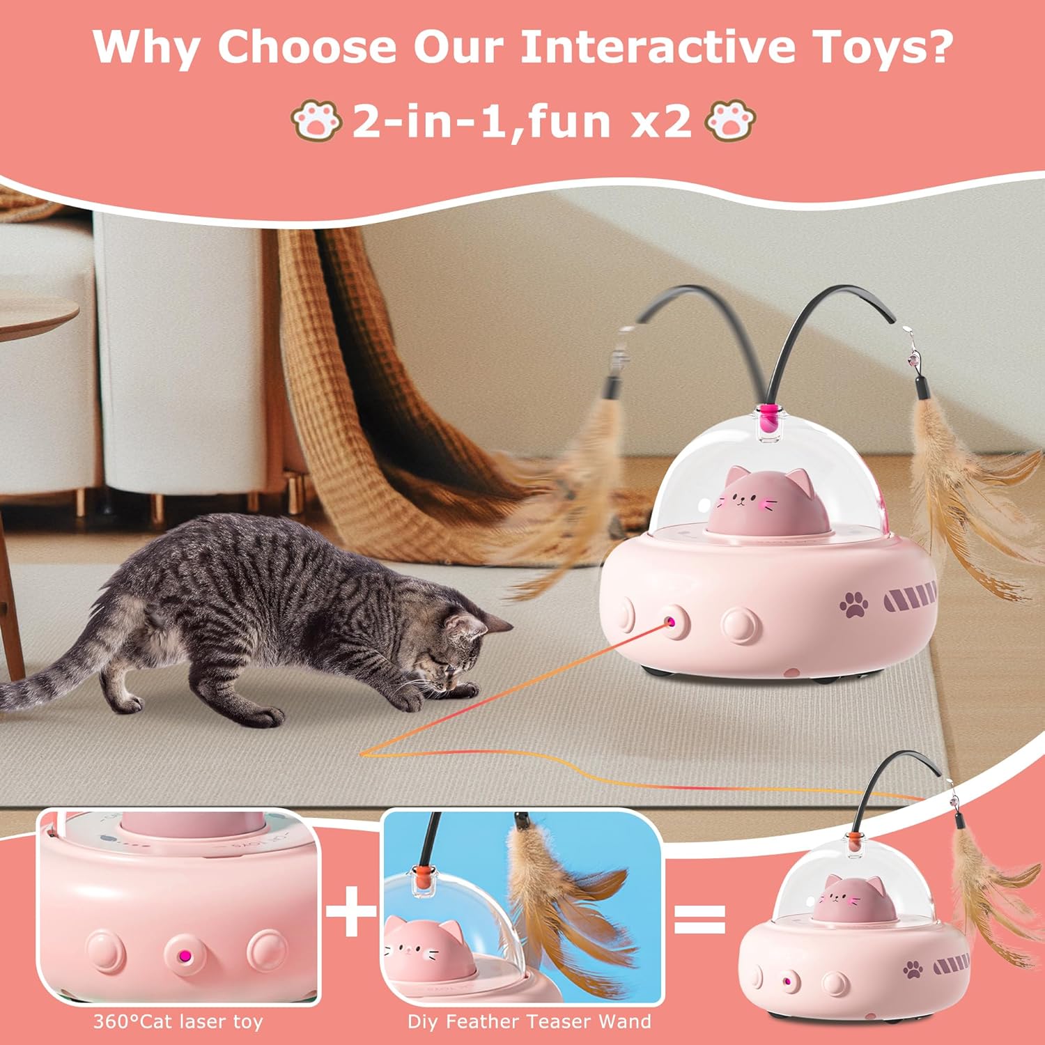 hooroor 2-in-1 UFO Laser Cat Toy – Automatic Motion with Feather, Rechargeable Smart Sensor Interactive Toy for Indoor Cats & Dogs, Fun Exercise & Play, Perfect Pet Gift