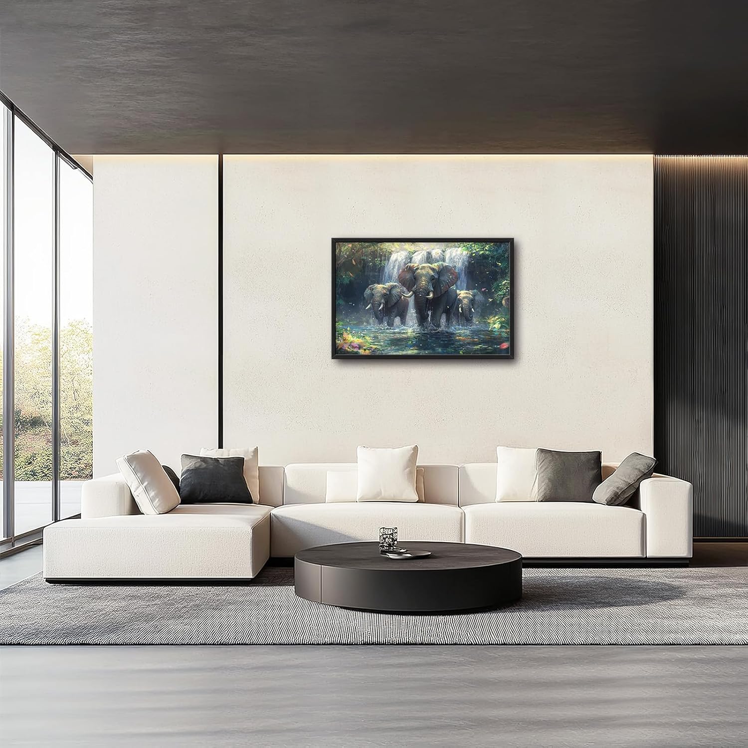 Large Elephant Wall Art for Living Room, Framed Oversized Forest Waterfall Wall Decor, Nature Landscape Canvas Painting Wildlife Artwork for Living Room Dining Room Bathroom Bedroom Office 36"x24"
