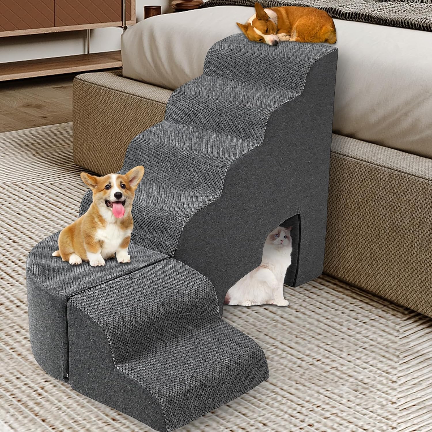 Update Stable Dog Stairs & Steps Ramps for High Beds 30 inches High Tall, LitaiL 6 Step Pet Stairs Steps for High Beds 30 inch Large Dogs, Non-Slip Dog Ramps for Small Dogs, Older Cat