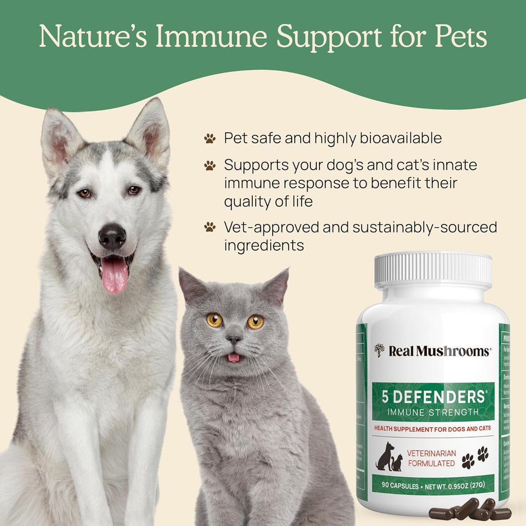 5 Defenders Mushroom Supplement for Cats & Dogs – Chaga, Shiitake, Reishi, Turkey Tail, Maitake – Cat Multivitamin & Dog Supplement for Wellness Support– 90 ct Real Mushrooms Powder Capsules