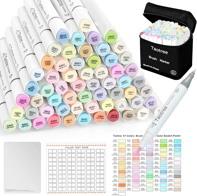 Taotree Alcohol Brush Markers Art Supplies, 61 Pastel Colors Dual Tip Art Coloring Markers Pens, Brush & Fine Tip Sketch, Drawing Supplies Gift for Artist Adult Coloring Book Painting, Sketching
