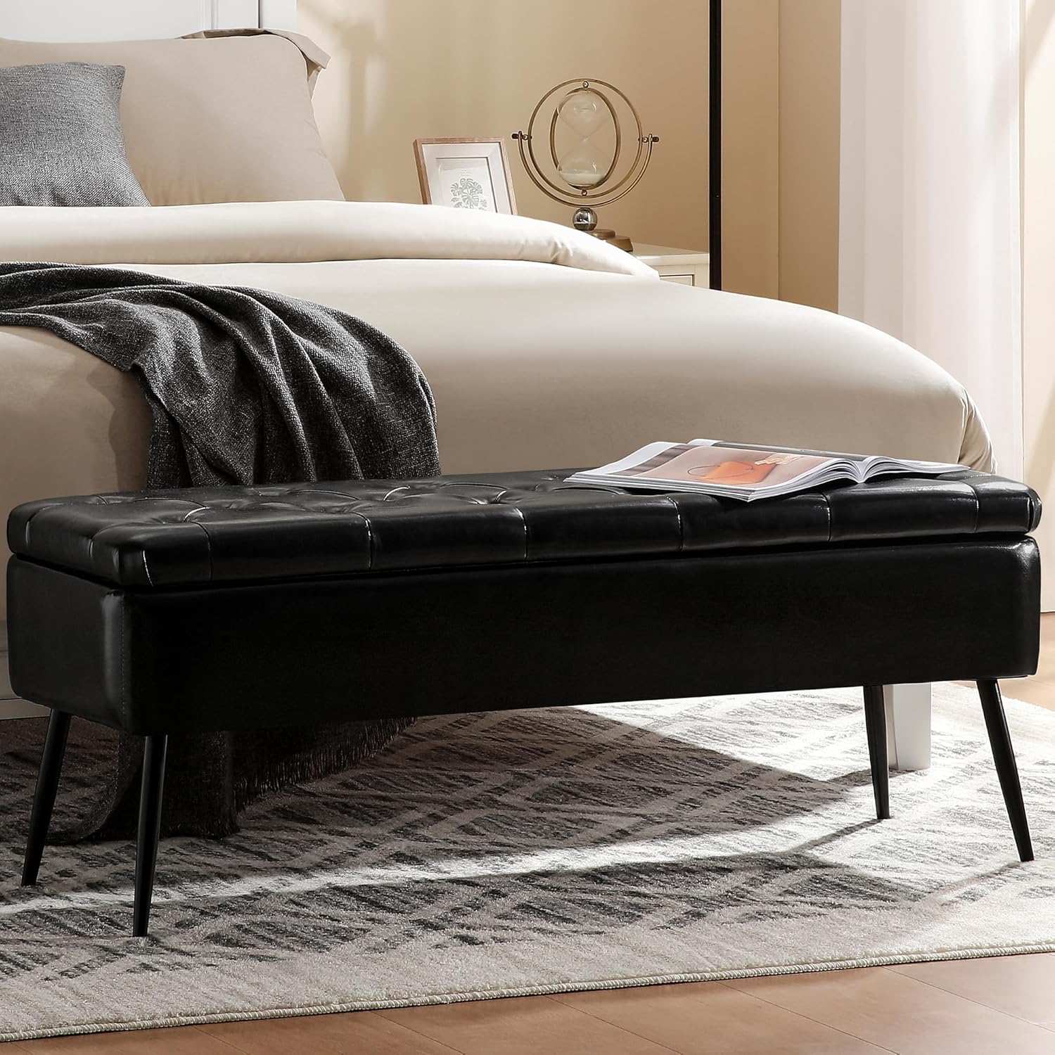 Leather Storage Ottoman Bench,End of Bed Bench for Living Room Bedroom Dinning Room Entryway,Mid-Century Modern,Faux Leather,with Steel Legs,Safety Hinges, Loads 660 lb (with Button, Black)
