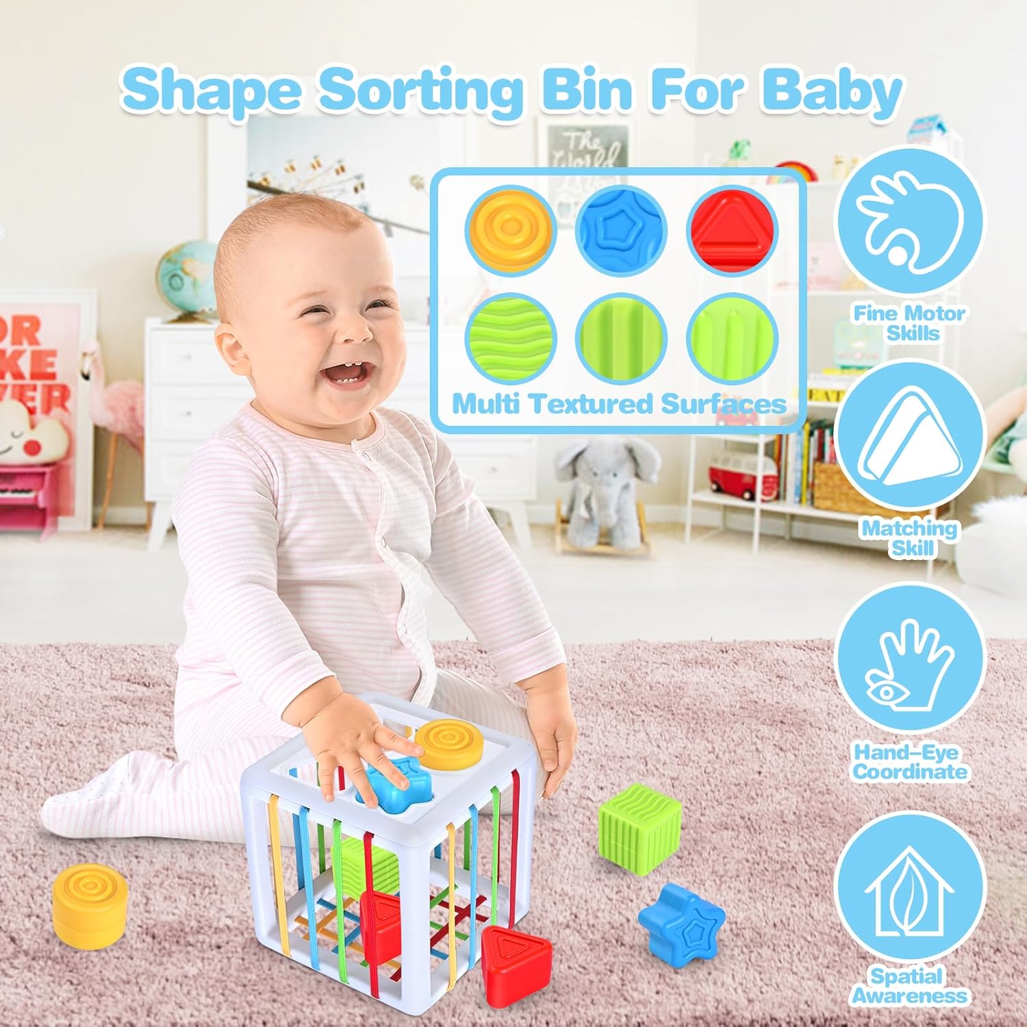 SpringFlower 5 in 1 Baby Toys 6 to 12 Months, Montessori Toys, Soft Baby Teething Toys, Sensory Bin Toy, Stacking Building Blocks & Rings Infants,Sorting Sensory Learning Gift for Toddlers Aged 1-3