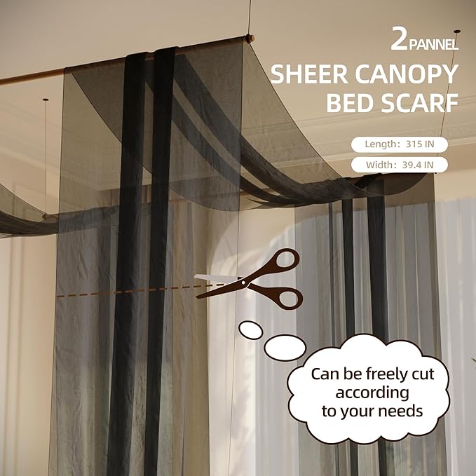 lazyzzz Black Canopy Bed Curtains for Full/Queen Metal/Wood Canopy Bed Frame, Princess Bed Canopy Scarf for Girls-2 Panel Sheer Curtain 39.4" W x 315" L