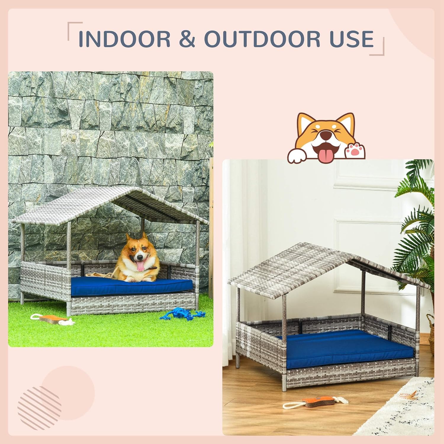 PawHut Wicker Dog House Outdoor with Canopy, Rattan Dog Bed with Water-Resistant Cushion, Raised Dog Bed for Small, Medium Dogs up to 66 lbs, 19.75" in Length, Gradient Gray Wicker, Dark Blue Cushion