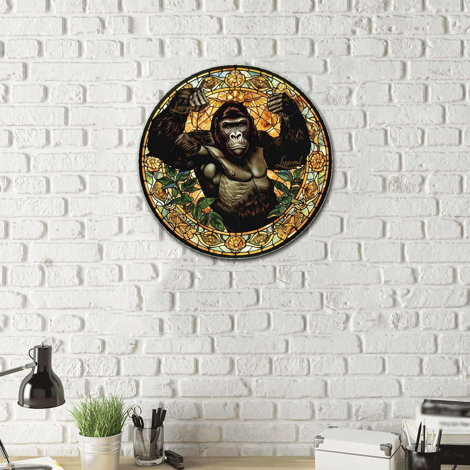 Lygond Metal Gorilla Sign - Stained Glass, 12x12 Inches