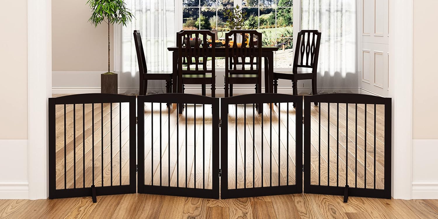 Freestanding Pet Gate for Dogs, Foldable Wooden Dog Gate for House, Indoor Dog Gate for Stair, Doorway, Gates for Dogs Indoor, 80 Inch Wide, 4 Panels 24",Brown