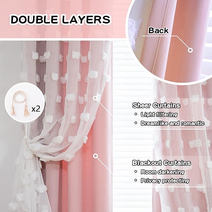 MYSKY HOME Pink Curtains for Bedroom 72 Inches Long Nursery Curtains Pom Pom White Sheer Curtains for Girls Room Double Layer for Toddler Bedroom Grommet Room Darkening Window Panels 52 x 72 Inch