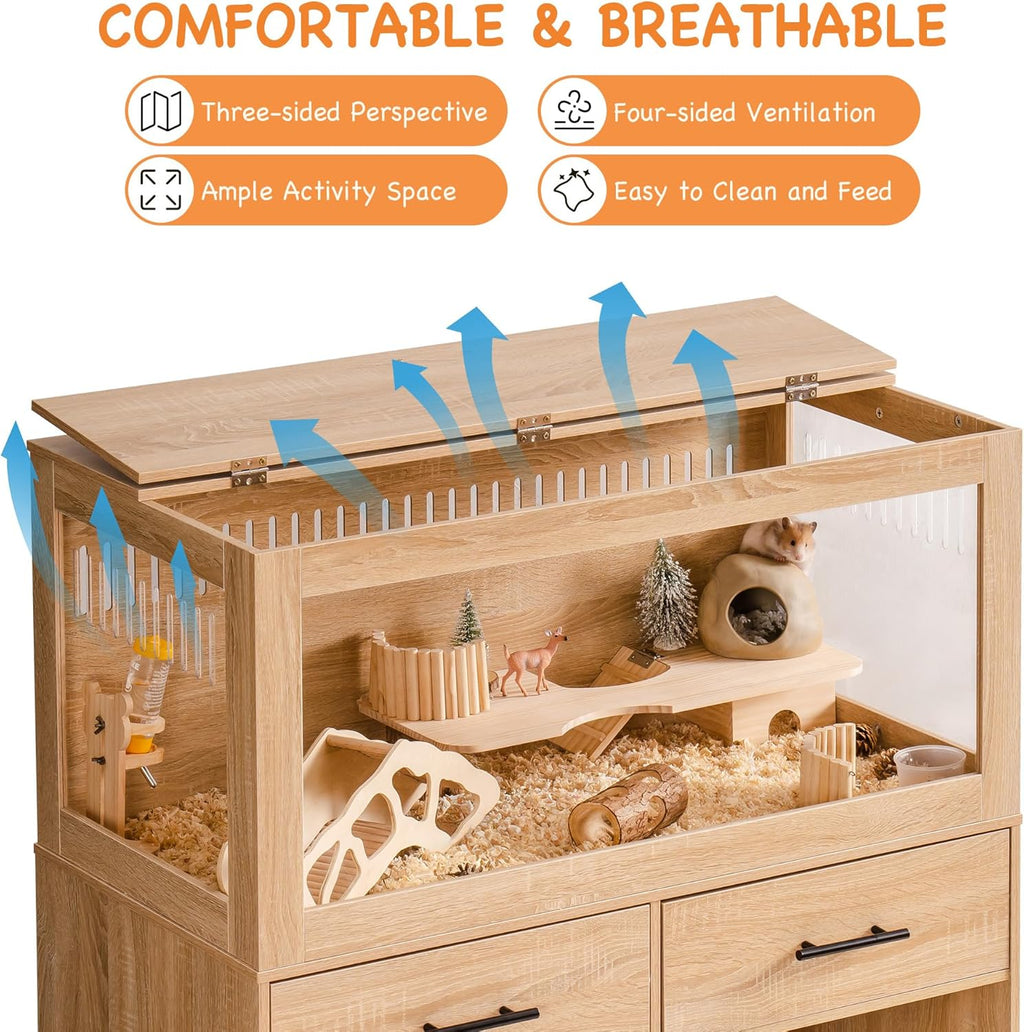 Mewoo Large Hamster Cage, Hamster Cage with Storage Cabinet, Large Habitats Hamster House with View Acrylic Panels and Drawer, Small Animal Cage for Guinea Pig, Rat, Hedgehog, Ferret