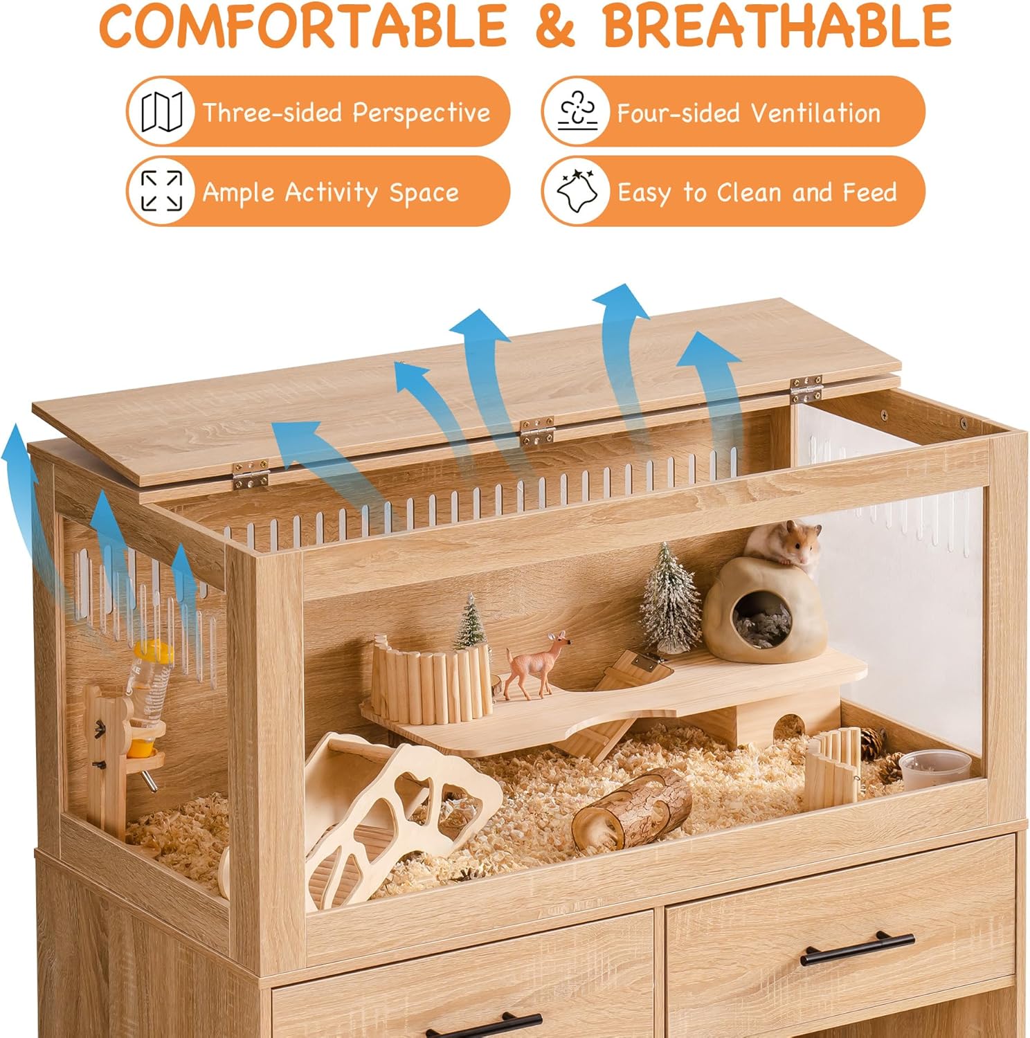 Mewoo Large Hamster Cage, Hamster Cage with Storage Cabinet, Large Habitats Hamster House with View Acrylic Panels and Drawer, Small Animal Cage for Guinea Pig, Rat, Hedgehog, Ferret
