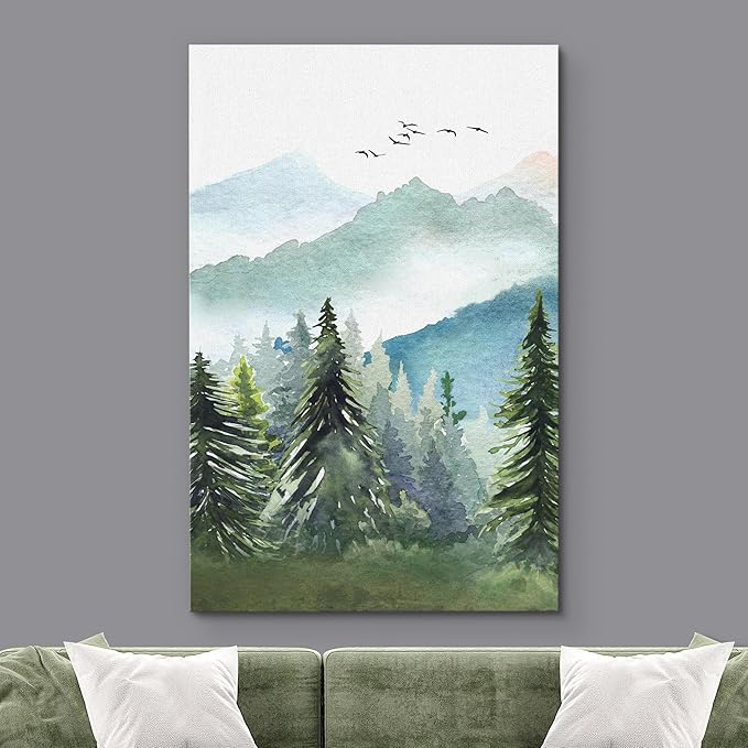 SIGNWIN Canvas Print Wall Art Watercolor Green Forest Tree Mountain Range Nature Landscape Prints Modern Art Woodland Nursery Decor for Living Room, Bedroom, Office - 32"x48"