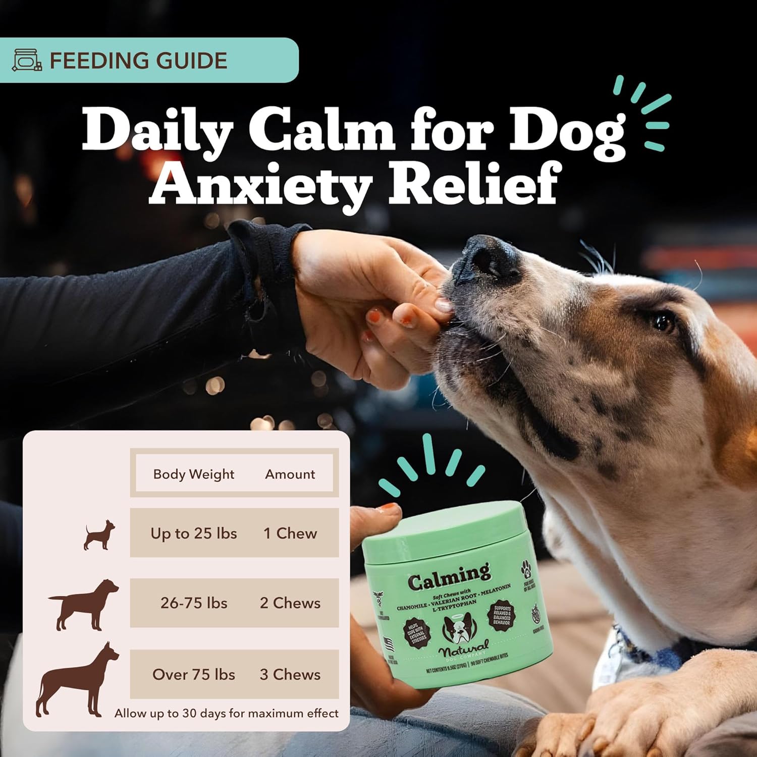 Natural Dog Company Calming Chews for Dogs, Stress & Anxiety Relief Supplement with Chamomile, Valerian Root & Melatonin, Natural Soothing Chews for Travel, Thunder, Fireworks & Separation (90 cnt)