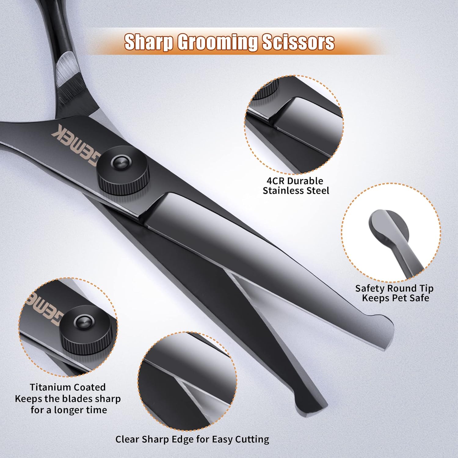 Dog Grooming Scissors Kit with Safety Round Tips, GEMEK Professional 6 in 1 Grooming Scissors for Dogs, Heavy Duty Titanium Coated Pet Grooming Scissor for Dogs, Cats and Other Animals (Black)