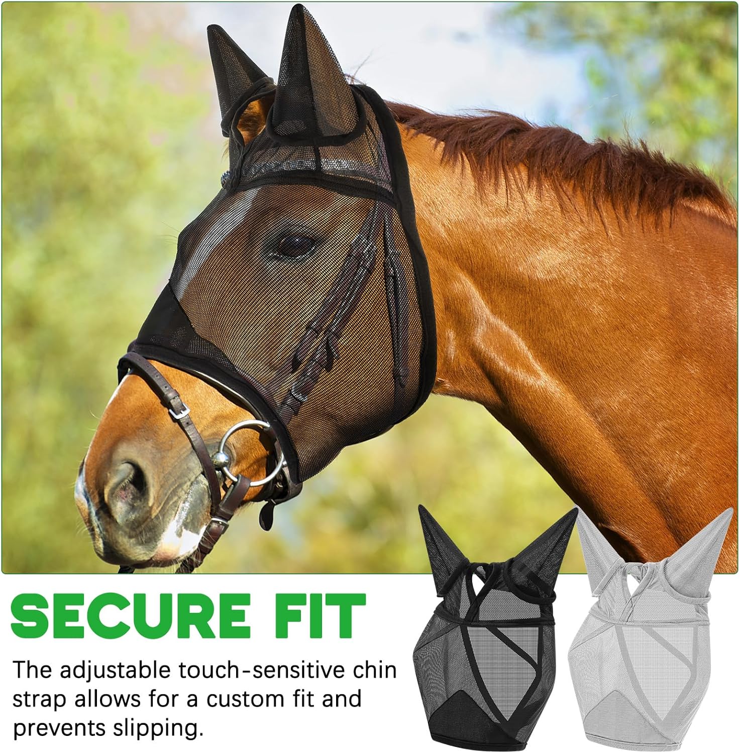 2 Pcs Horse Fly Mask with Ears Adjustable UV Protection Horse Fly Mask Accessories Large Eye Space with Ears for Horses Summer, Black and Gray, L