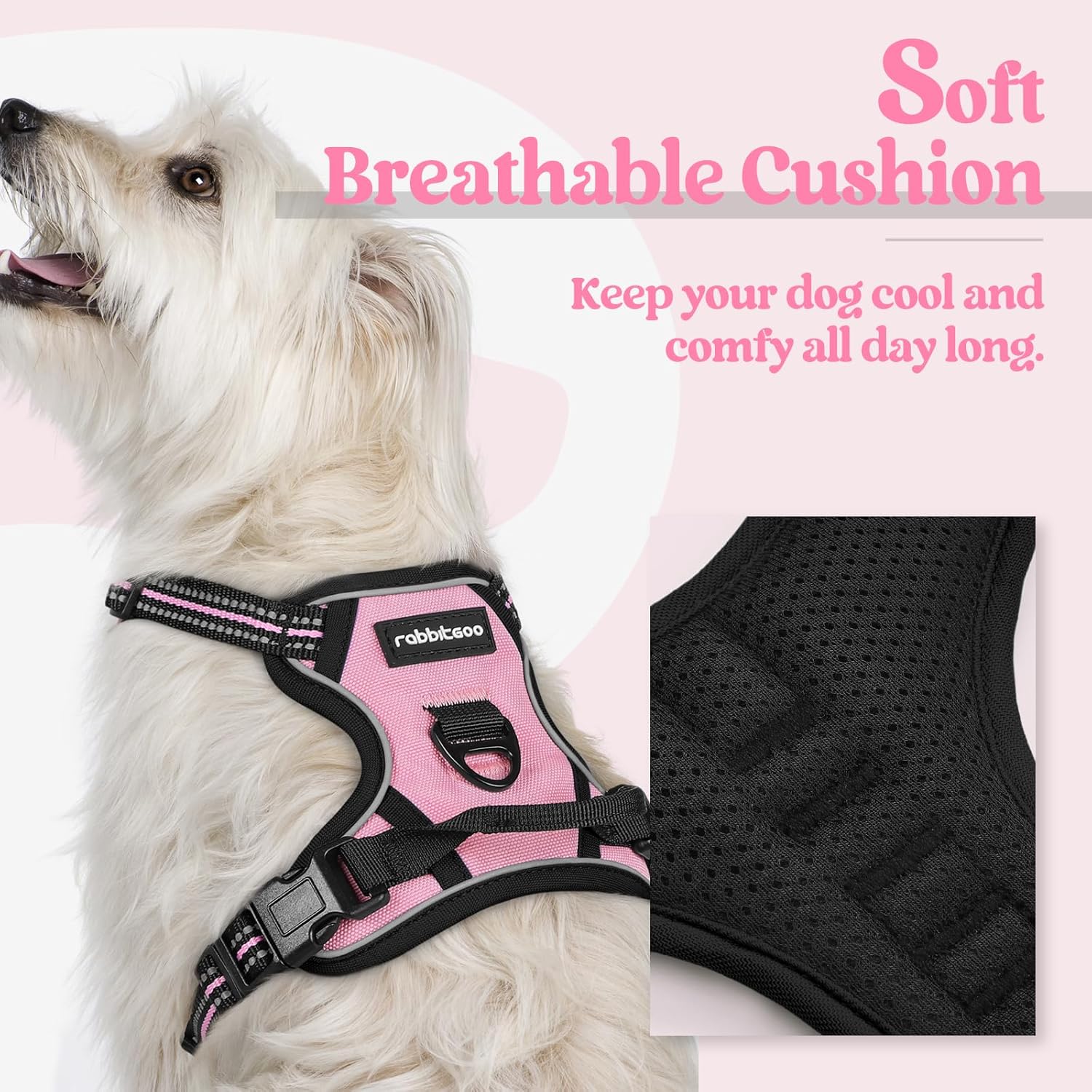 rabbitgoo Dog Harness No Pull with 2 Leash Clips, Adjustable Soft Padded, Reflective Oxford No Choke Pet Vest with Easy Control Handle for Puppy, Pink, XS