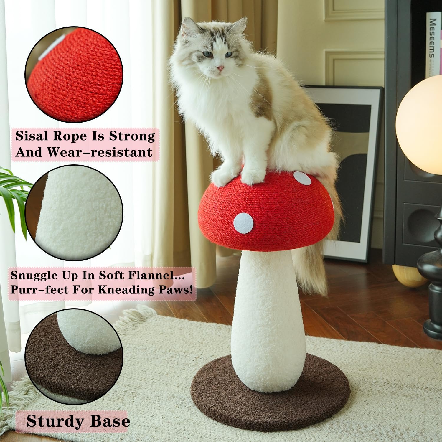 Mushroom Cat Scratcher, Cute Cat Scratching Post, Durable Sisal Rope Cat Scratching Board, Kitten Tree, Cat Toy for Cats to Play and Care for Their Claws, No Assembly Required (Red, Big, 7)