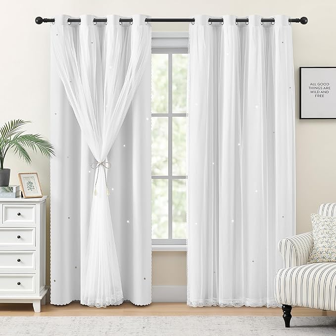 XiDi White Curtains for Girls Nursery Room 90 Inches Long Blackout Double Layer Curtains with Sheer Overlay for Kids Toddler Princess Bedroom Living Room Darkening Grommet Window Drapes W52 X L90