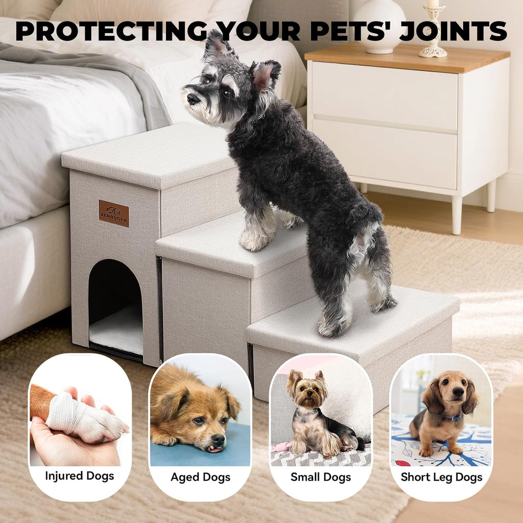 Dog Stairs with Condo 18" H, 3-Step Wider Dog Steps for High Beds Couch, Folding Storage Pet Stairs Gift for Small/Medium/Large Old Dogs Cats, Ramp for Climbing Car Up to 200 lbs, Beige