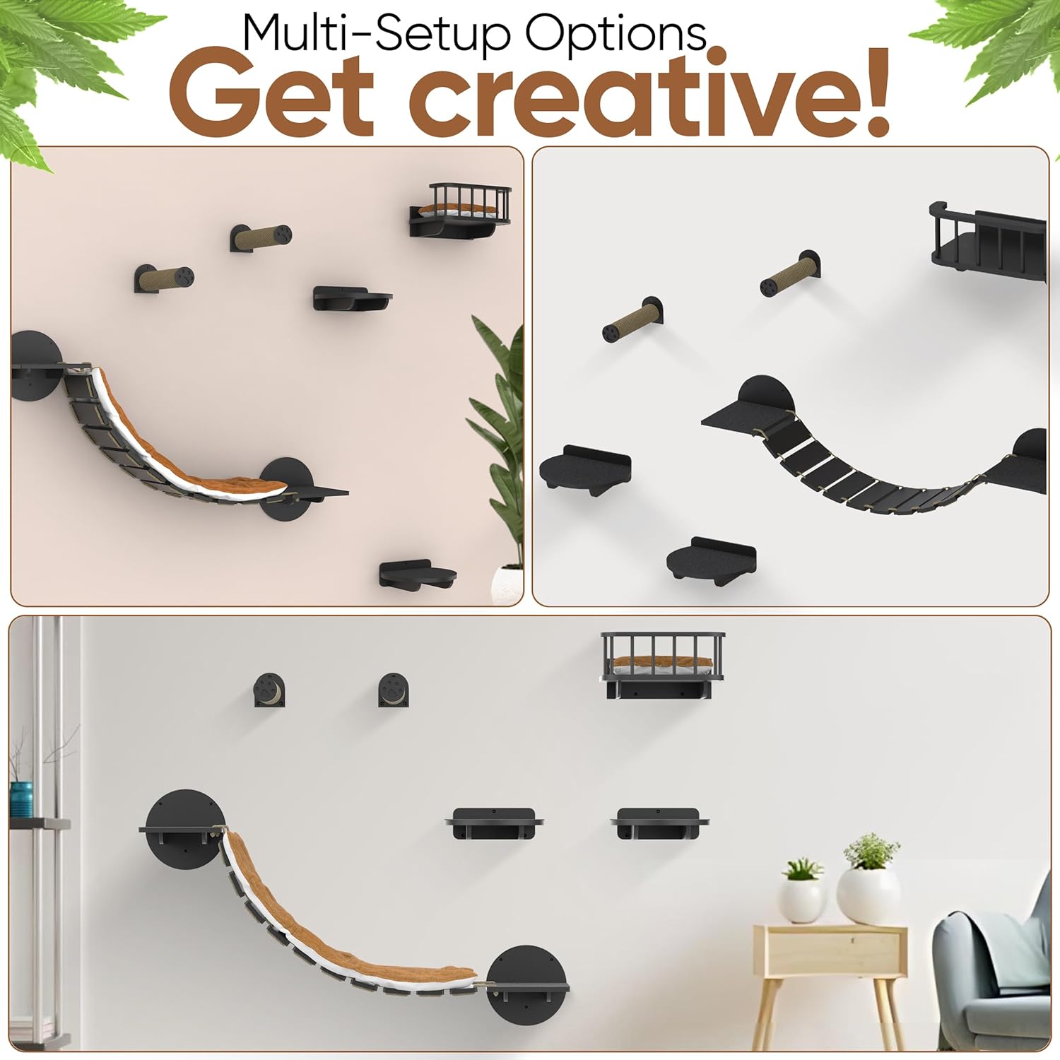 FURRY VIBES Cat Wall Shelves & Perches – 7-in-1 Cat Wall Furniture Set with Bed, Climbing Steps, Scratcher & Bridge Ladder – Black Bamboo Wall Cat Shelf for Indoor Cats