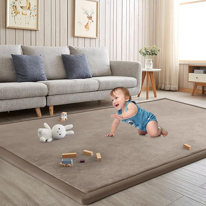 Baby Play Mat for Floor Tummy Time Mat Nursery Muscle Area Rug Playroom Rug Tatami 59"*59" Memory Foam 1.3" Thick Crawling For Babies,Toddlers, Infants, Kids,Floor(Brown)