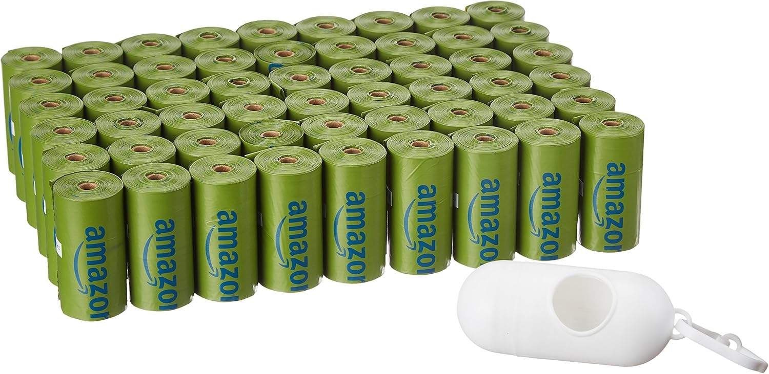 Amazon Basics Dog Poop Bags with Dispenser, 810 Count, Enhanced for Guaranteed Leakproof, Talcum Powder Scented, Includes Leash Clip