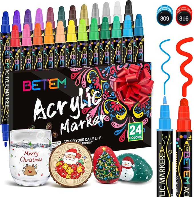 Betem 24 Colors Dual Tip Acrylic Paint Pens Markers, Premium Acrylic Paint Markers Stocking Stuffers for Rock, Wood, Fabric, Glass, Canvas, Ceramic, Christmas Gifts for Teens DIY Crafts Art Supplies