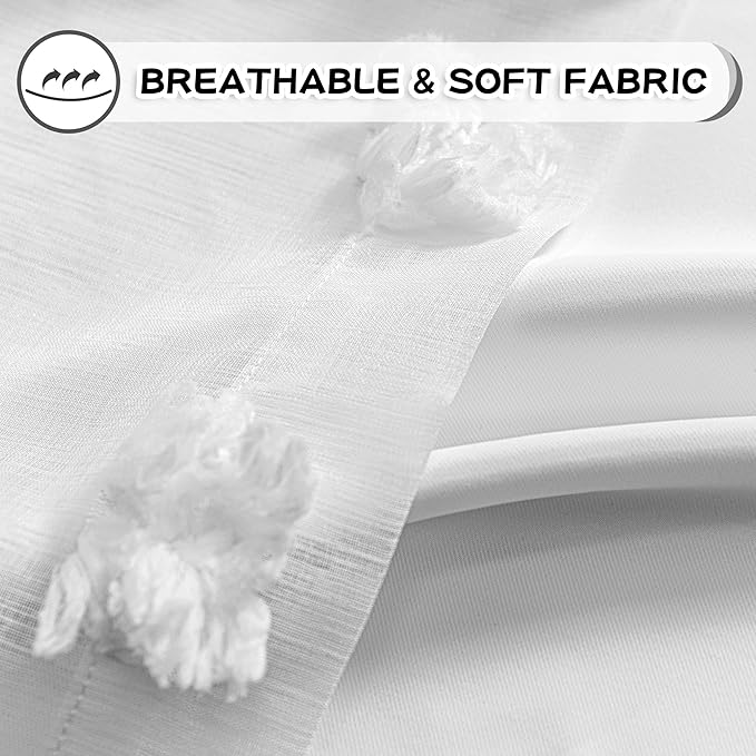 MYSKY HOME Curtains for Living Room and Bedroom - White Pom Pom Sheer Window Panels, 95 Inch Length, Room Darkening, Double Layer, Grommet, Extra Long