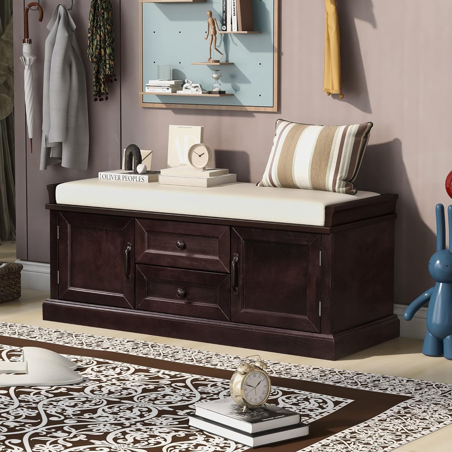 Storage Bench with 2 Drawers and 2 Cabinets, Pine Wood Pine Wood Shoe Bench with Removable Cushion for Living Room, Entryway 42.5" L x 15.9" W x 17.5" H (Espresso)