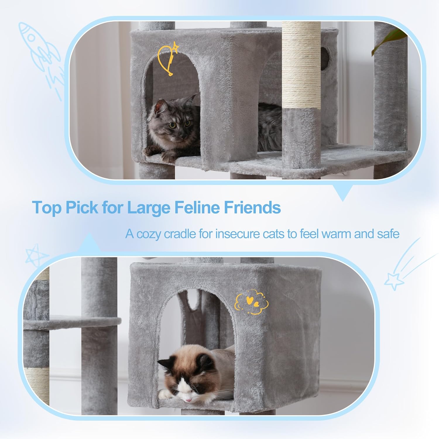 Hey-brother Tall Cat Tree Tower, Heavy Duty Scratching Posts with Large Platforms, Cozy Condos, Big Hammock, Toy Balls, Multi-Level Furniture for Indoor Adult Cats, 80.7 Inches, Light Gray MPJ039W