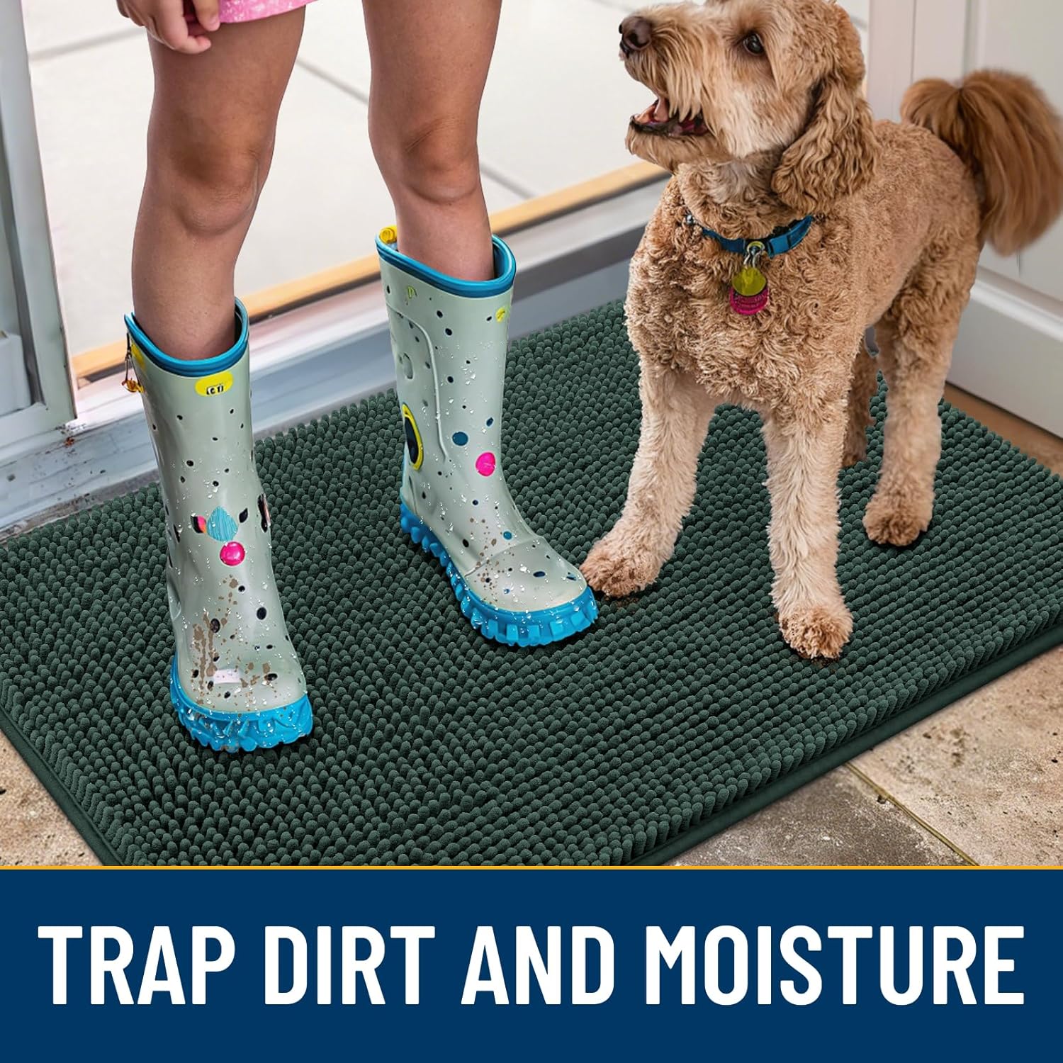 Smiry Dog Door Mat for Muddy Paws 48x30, Absorbs Moisture and Dirt Doormat, Non-Slip Washable Quick Dry Chenille Front Door Mat Indoor Entrance, Entryway Carpet for Inside Floor, Green